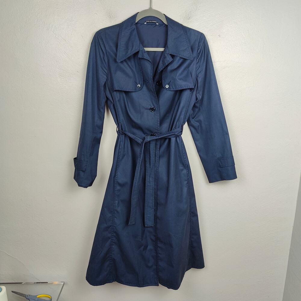 Vintage 1960s Akylon Paris Trench Coat Womens 40 US 8 Navy Blue Jacket French‎